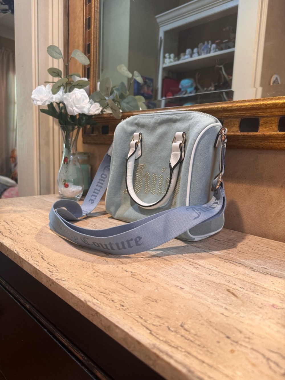 Juicy Couture Pale Blue Denim Crossbody Bag with Branded Strap